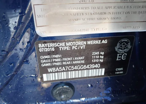 2016 BMW 528I xDrive из США, поврежденный, VIN WBA5A7C54GG643940